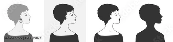 Fototapeta Set of vector silhouettes of beautiful female faces in profile on an isolated background. Fashion illustration.Woman with a short haircut . Default avatar profile icon.EPS10.