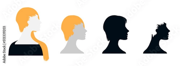 Fototapeta Set of vector silhouettes of beautiful female faces in profile on an isolated background. Default avatar profile.EPS10.