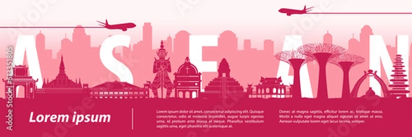 Fototapeta silhouette design of ASEAN landmarks with text inside,vector illustration