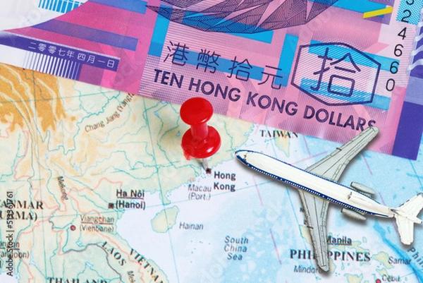 Fototapeta Travel to Hongkong concept- with toy airplane and  a map