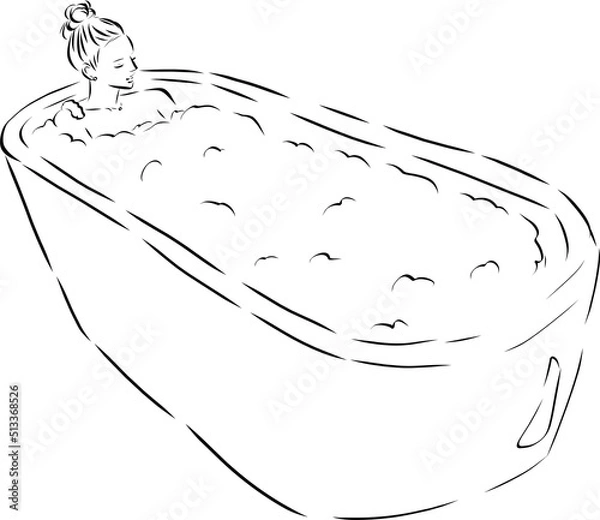 Obraz お風呂に浸かる女性　泡風呂を楽しむ女性　線画