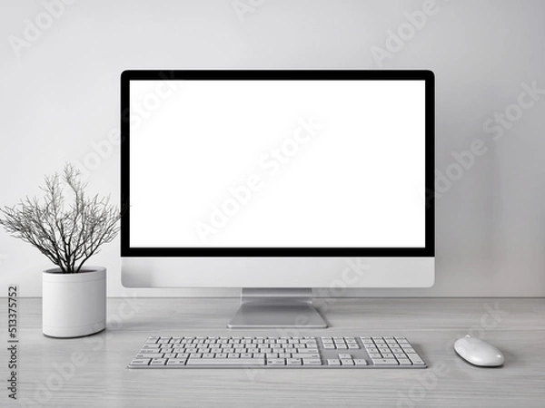 Obraz 3d rendering mockup template of blank white screen of computer.Minimally designed room in gray and white tones.