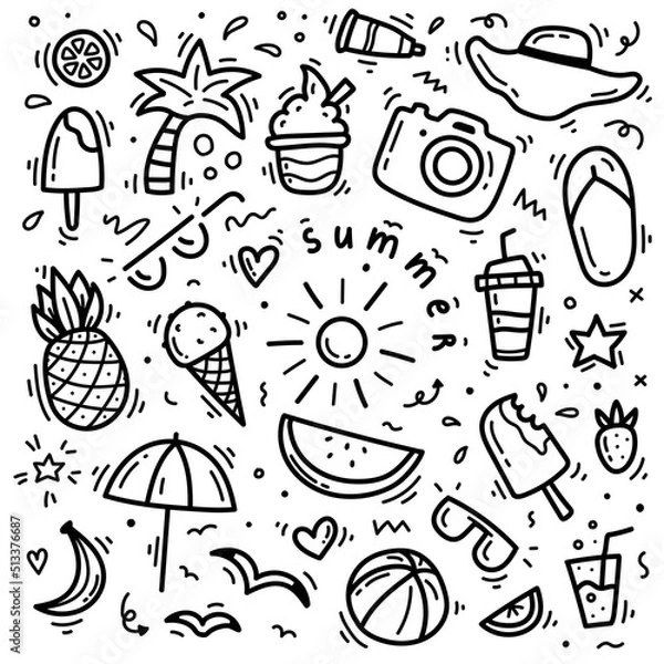 Fototapeta hand drawn set of summer vector doodles