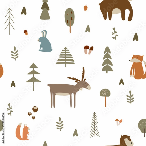 Fototapeta Green forest with animals. Seamless pattern for fabric, paper and other print and web projects.