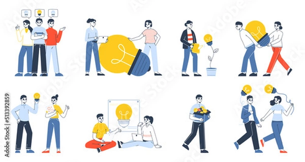 Fototapeta Business idea searching, creative thinking, light bulbs metaphor. People generating brilliant ideas and problem solution vector symbols illustration set. Creative idea research