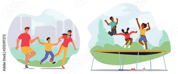 Fototapeta Set Happy Family Activities, Mother, Father And Child Run Holding Hands, Walking, Kids Jumping On Trampoline