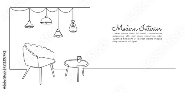Fototapeta One continuous line drawing of armchair and hanging loft lamps and vase with plant. Modern scandinavian and soft furniture chair in simple linear style. Editable stroke. Doodle vector illustration