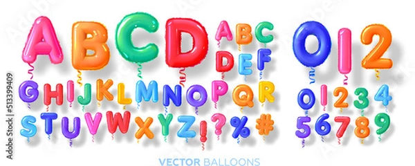 Obraz English letters and numbers Balloons. Alphabet helium balloons 3d. Multi-colored plastic, glossy. For children's themes and holidays. Realistic set. Letters from A to Z. Vector illustration.