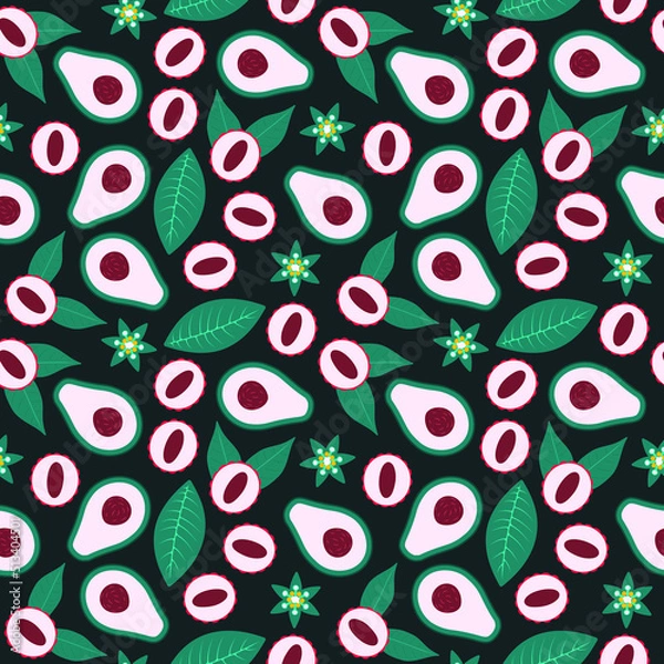 Fototapeta Avocado and lychee seamless pattern. Organic tropical fruits, leaves and flowers isolated on dark background. Cute hand drawn fabric print. Healthy natural food. Flat vector illustration