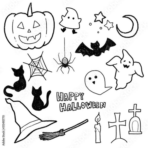 Obraz ハロウィンモチーフのイラストパーツセット（モノクロ線画）