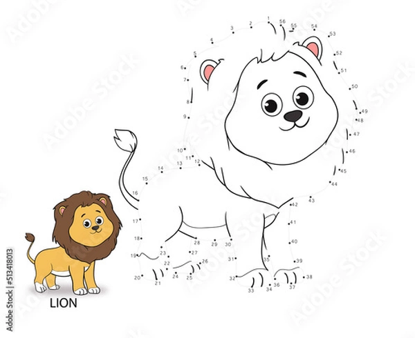 Fototapeta connect  dot to dot game. numbers game. draw a line. vector illustration of a cute lion. educational games for kids