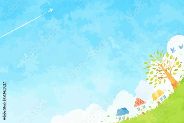 Obraz 木と町並みと青空の風景イラスト