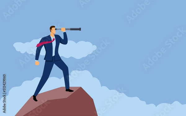 Fototapeta Businessman holding telescope on top of a mountain
