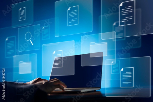 Obraz Document Management System (DMS) Online Document Database and automated processes to manage files, knowledge, and documents in an organization effectively with ERP, enterprise business technology.