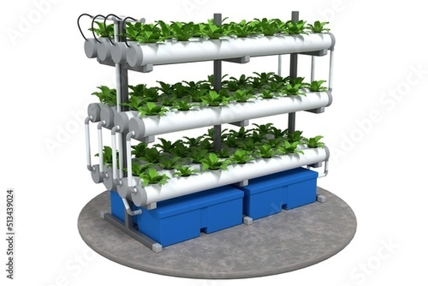 Fototapeta Vertical vegetables farm in hydroponics. Automatic watering technology with air and nutrient supply. 3d illustration