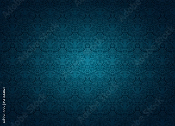 Fototapeta Royal, vintage, Gothic horizontal background in dark cyan, blue with a classic antique ornament, Rococo. Vector illustration
