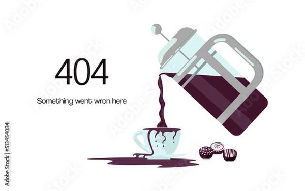 Fototapeta 404 error not found web page with coffee pot and spilled over a cup of coffee