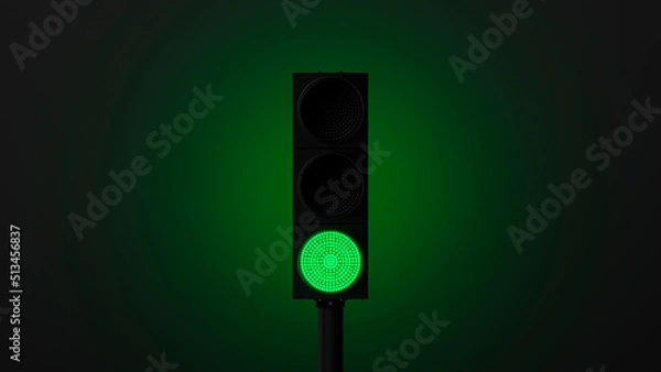 Obraz glowing green traffic light with green backlight on a dark wall. Symbol of movement or go. 3d render