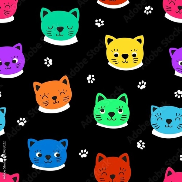 Fototapeta Kitten heads seamless pattern. Cat faces fabric print, neon color characters and paws vector background. Childish decorative design