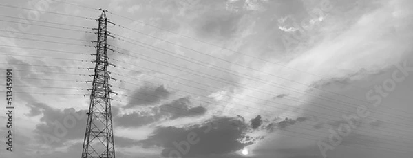 Obraz 空と雲 鉄塔と電線 モノクロ