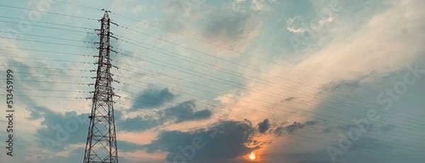 Obraz 夕焼けの空と鉄塔と電線
