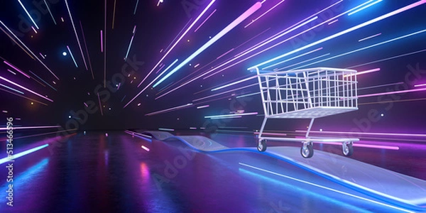 Fototapeta 3d rendering of shopping cart and light trails.