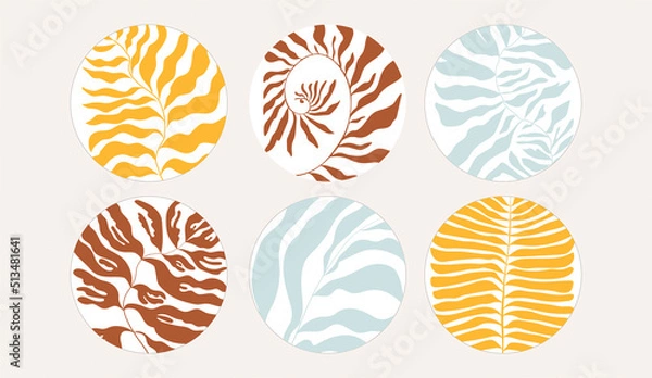 Fototapeta Groovy icons in Matisse style, abstract flora. Vector illustration. Set of icons and emblems for social media news covers. Design templates for yoga studio, tourism, beauty salons