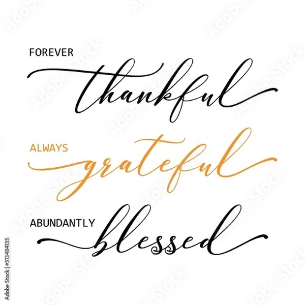 Fototapeta Vector illustration with quote Forever Thankful Always Grateful Abundantly Blessed isolated on white background. Fall, autumn poster for family holidays, Happy Thanksgiving, home decoration.