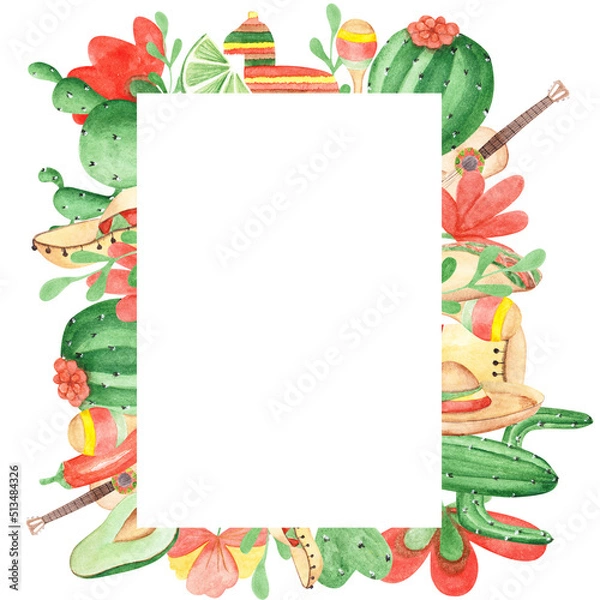 Fototapeta Fiesta frame isolated on a white background. Watercolor template for Mexican holiday party. Cactus, sombrero, avocado, pinata, tacos, ceramic pot, chili pepper, lime, and more objects.