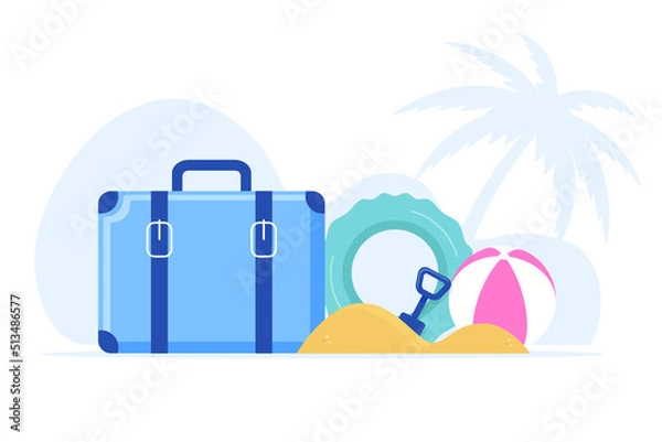 Fototapeta Travel concept design. A suitcase with beach ball, float ring, beach sand and spade. Bee free and travel. Vector flat design illustration. 