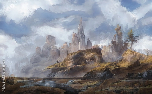 Fototapeta Fantastic Epic Magical Landscape of Mountains. Summer nature. Mystic Valley, tundra. Gaming assets. Celtic Medieval RPG background. Rocks and grass. Beautiful sky with clouds. Green forest
