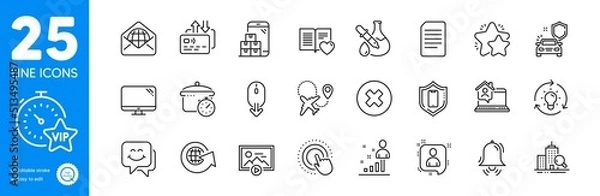 Fototapeta Outline icons set. Click hand, Web mail and World globe icons. Boiling pan, Stats, Inspect web elements. Clock bell, Close button, Document signs. Scroll down, Love book, Computer. Vector