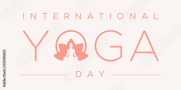 Fototapeta International Yoga Day. Lotus pose into the letter O. Concept of balance, calm, meditation. Horizontal format. Vector illustration, flat design