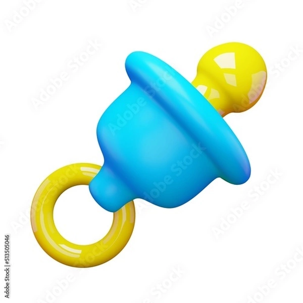 Fototapeta 3d render baby nipple icon. Rendering illustration of blue and yellow colors pacifier isolated on white background. Cartoon cute toy design. Plastic soother for calm to sleep child. Care newborn tool.