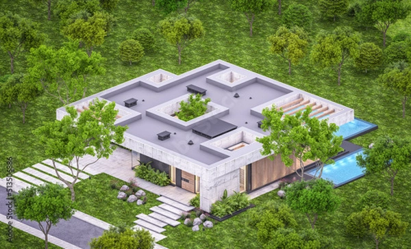 Fototapeta 3d rendering of new concrete house in modern style with pool and parking for sale or rent and beautiful landscaping on background. Only one floor. Clear summer evening with cozy light from window