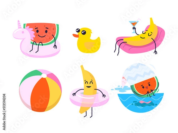 Obraz Collection of characters and images related to pool and beach fun. Designs for posters, invitations, cards, textile prints. Isolated vector images.