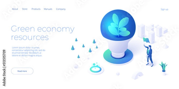 Fototapeta Green economy and environment protection concept in isometric vector illustration. Esg and climate change. Sustainable power for clean earth environment