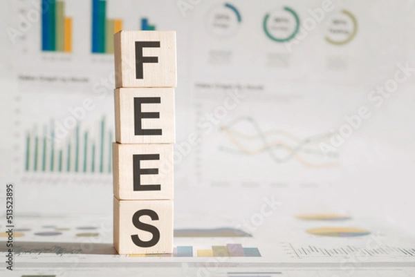 Fototapeta Four wood cubes with the word Fees on the background of white financial statements, strong business concept.
