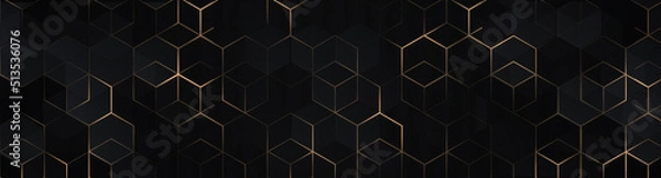 Obraz Luksusowe sześciokątne abstrakcyjne czarne metalowe tło ze złotymi liniami świetlnymi. Ilustracja ciemnej geometrycznej tekstury 3d. Jasny wzór siatki. Tapeta z czystym czarnym poziomym banerem. Karbonowe eleganckie wesele BG
