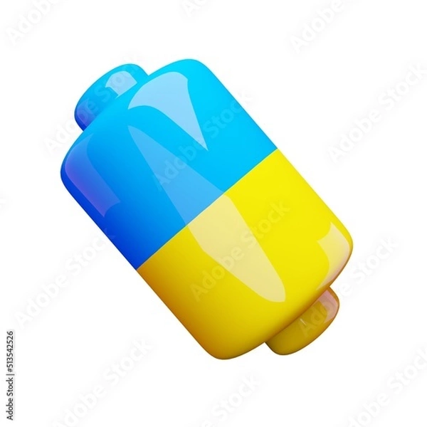 Fototapeta 3d render accumulator icon. Rendering illustration of pink and yellow colors cylinder shape battery isolated on white background. Cute toy cartoon design. Metallic glossy electric voltage charge sign