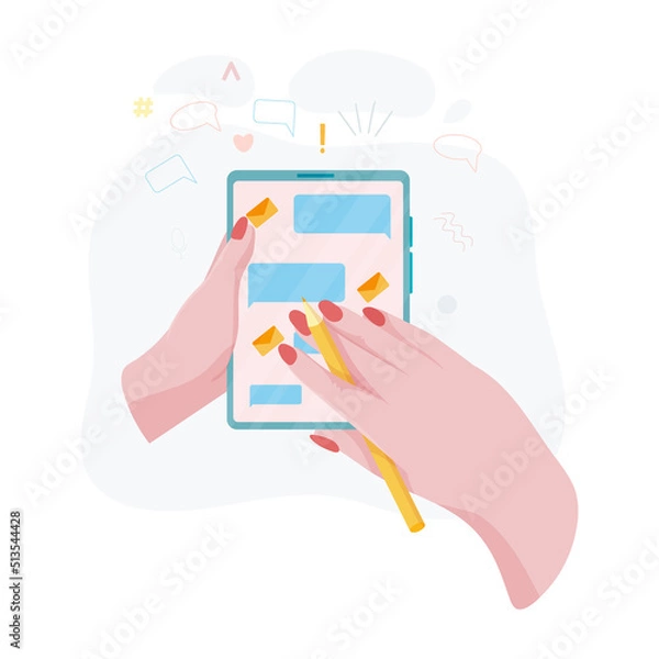Fototapeta Hands hold a phone. Concepts of internet network communications. People chatting and chatting together on social networks. Woman holding a phone or tablet in her hand. Vector illustration.