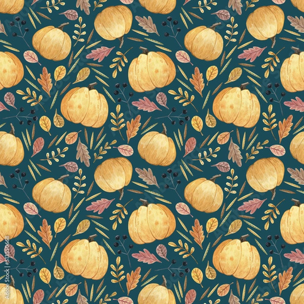 Fototapeta Autumn seamless pattern. Color background. Hand drawn watercolor ornament with pumpkins, colorful leaves and berries for wrapping paper, fabrics, design, decorations.