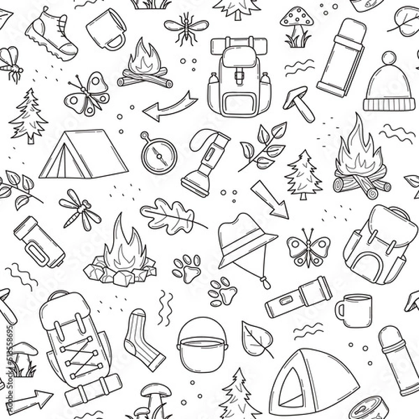 Obraz Seamless pattern of hiking equipment for summer camping, trekking, travel supplies for outdoor base camp in doodle. Print for textile, wrapping paper. Isolated vector illustration in sketch line
