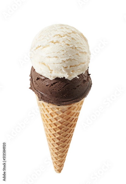Fototapeta chocolate and vanilla ice cream with cone isolated on white