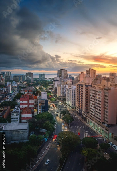 Fototapeta Aerial view of Porto Alegre at sunset with Rio Grande do Sul State Administrative Building - Porto Alegre, Rio Grande do Sul, Brazil