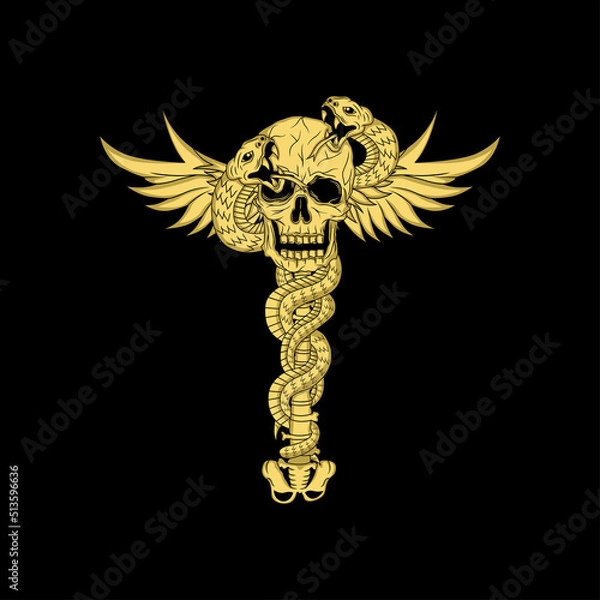 Fototapeta skull head with snake wrapped around and wings t-shirt design illustration