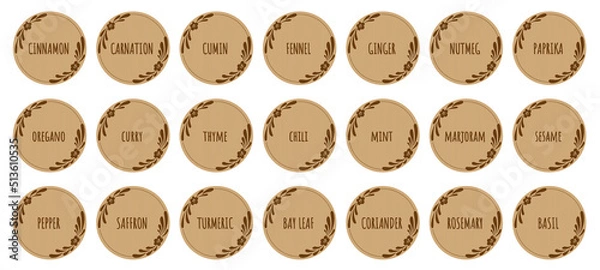 Fototapeta Round vintage labels with a botanical frame for seasonings and spices. 21 stickers for labeling cans and containers.