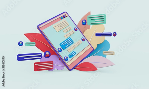 Fototapeta 3D rendering. Social media Instagram digital marketing concept, gadgets with icons on leaves background
