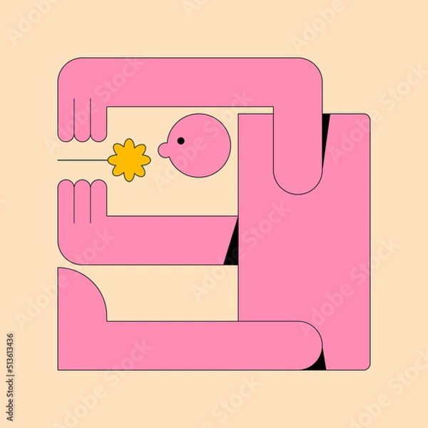 Fototapeta Strange pink geometric creature. Naive cute character with face and flower. Modern graphic style illustration in various poses. Vector shapes isolated in rectangle.