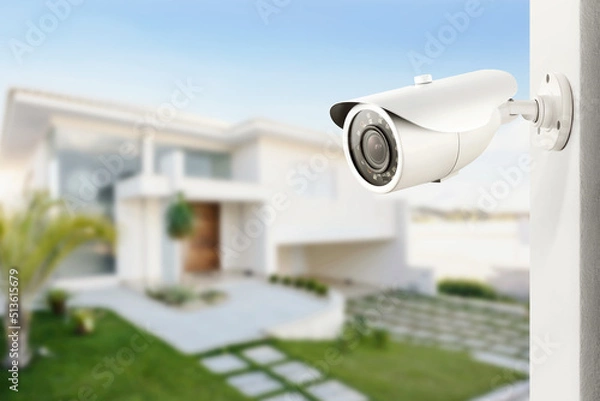 Fototapeta Three quarter view of varifocal surveillance camera, with a house on background